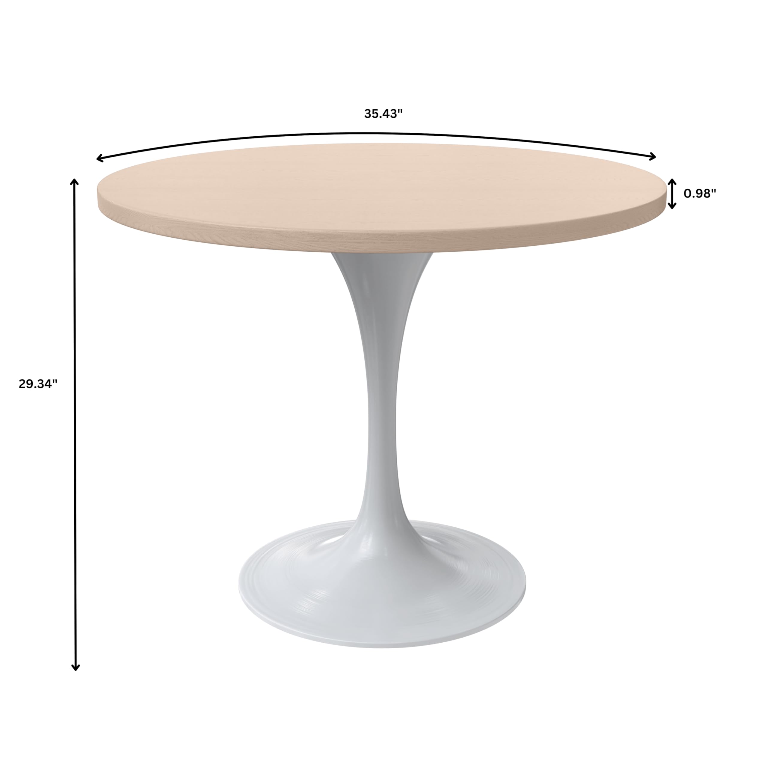 Mid-Century Modern 36 Inch Round Dining Table, MDF Wood Tabletop with White Steel Pedestal Base, Contemporary Kitchen & Dining Room Table, for Small Spaces (Light Natural)