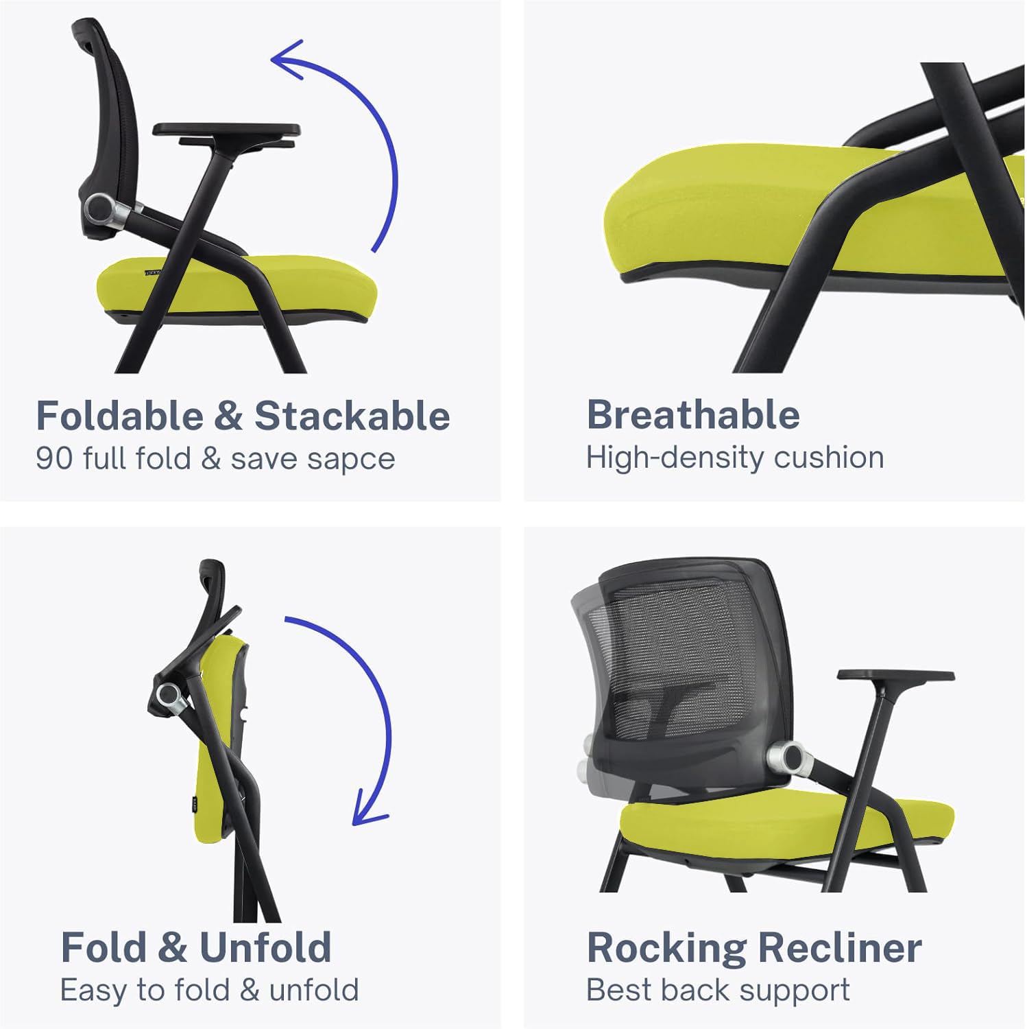 2 Pack Foldable Office Chairs with Wheels, Mesh Back, Arms and Portable - Folding Office Chairs for Conference Room Chair, Office Guest & Reception & Meeting Chair - (Green) 300 lbs.