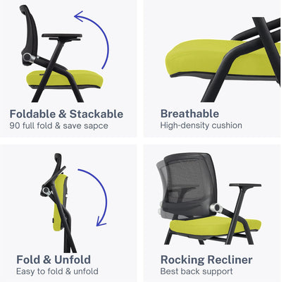 10 Pack Foldable Office Chairs with Wheels, Mesh Back, Arms and Portable - Folding Office Chairs for Conference Room Chair, Office Guest & Reception & Meeting Chair - (Green) 300 lbs.