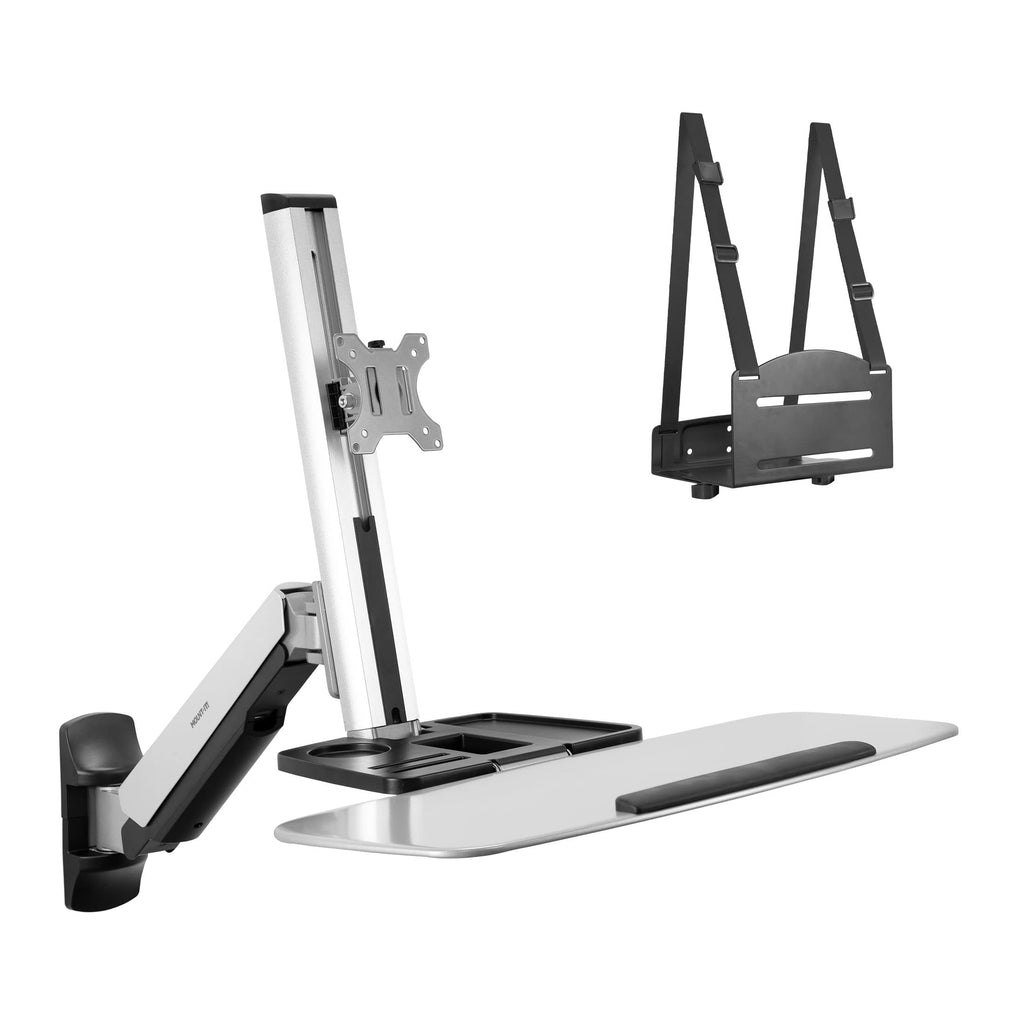 Sit Stand Wall Mount Workstation | Adjustable Height Stand Up Computer Station with Articulating Monitor Mount, Keyboard Tray, & CPU Holder | VESA Mount 75x75 and 100x100 | MI-7905