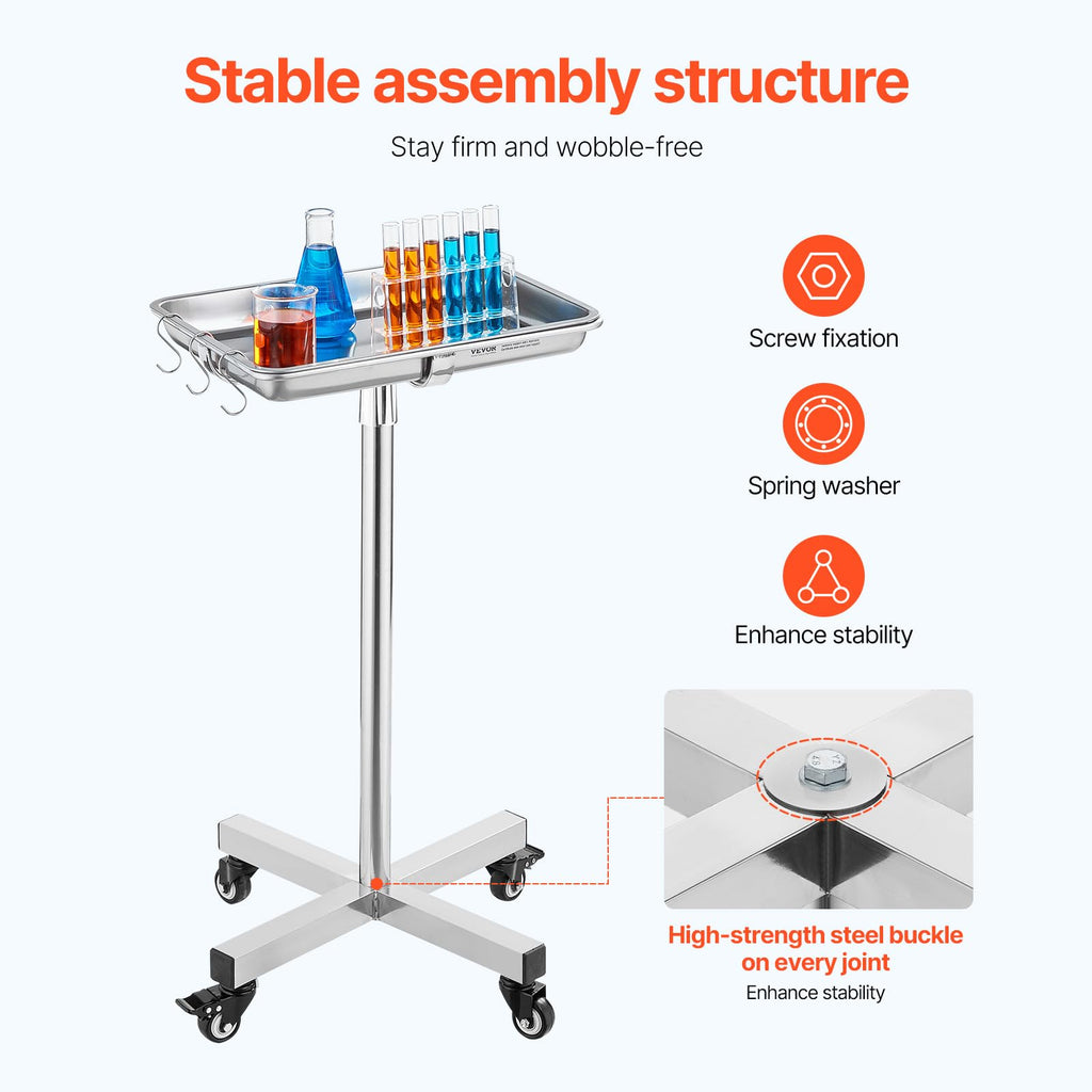 Mayo Stand, Stainless Steel Mayo Tray, Load Capacity up to 36 lbs, Adjustable Height 31.9"-55", Medical Tray on Wheels with Removable Tray for Spa, Salon, Clinic, Personal Care