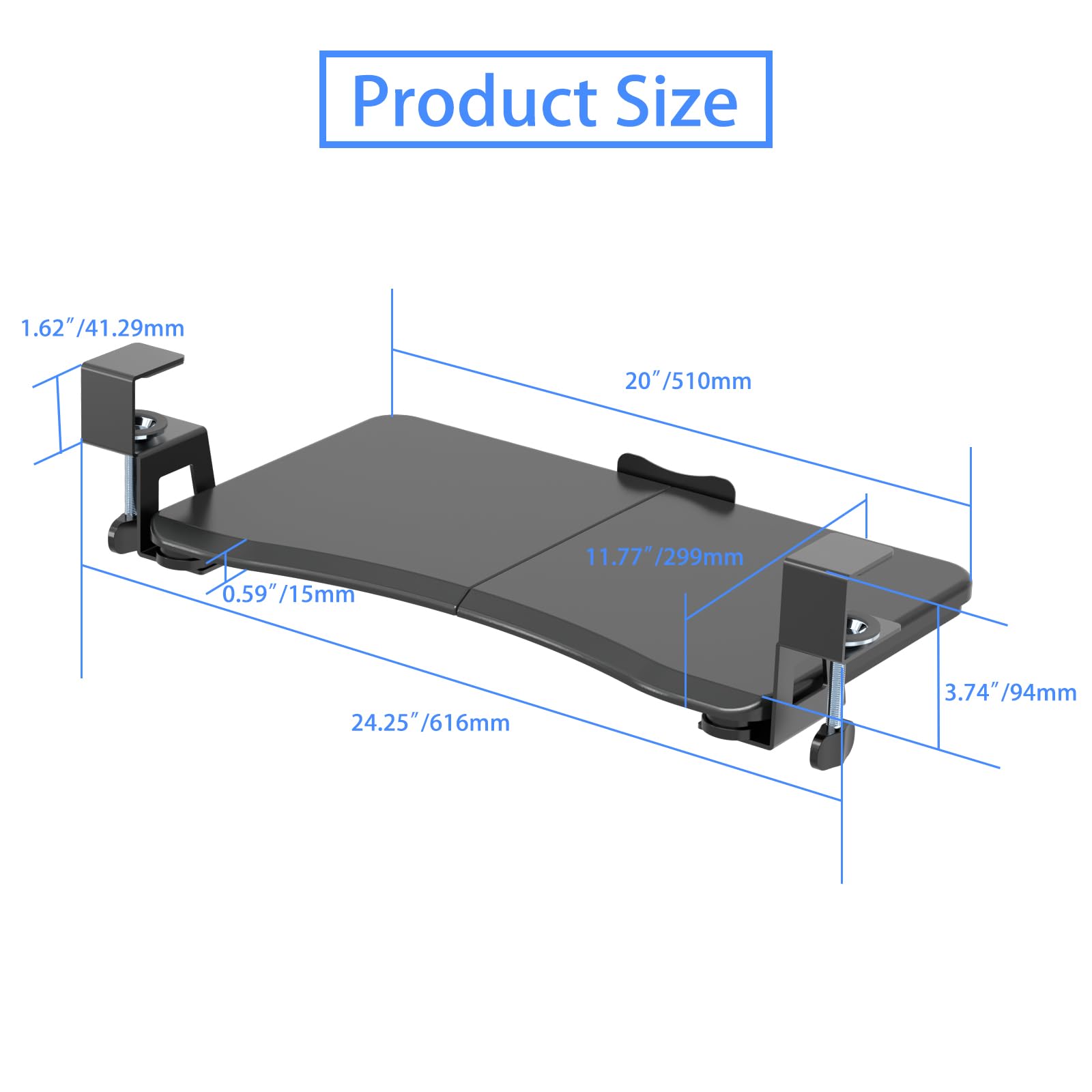 Small Keyboard Tray Under Desk Pull Out with C Clamp Mount, Computer Keyboard & Mouse Tray, 20 (24.2 Including Clamps) x 11.8 inch Slide-Out Platform Computer Drawer for Typing, Black, DSF1S