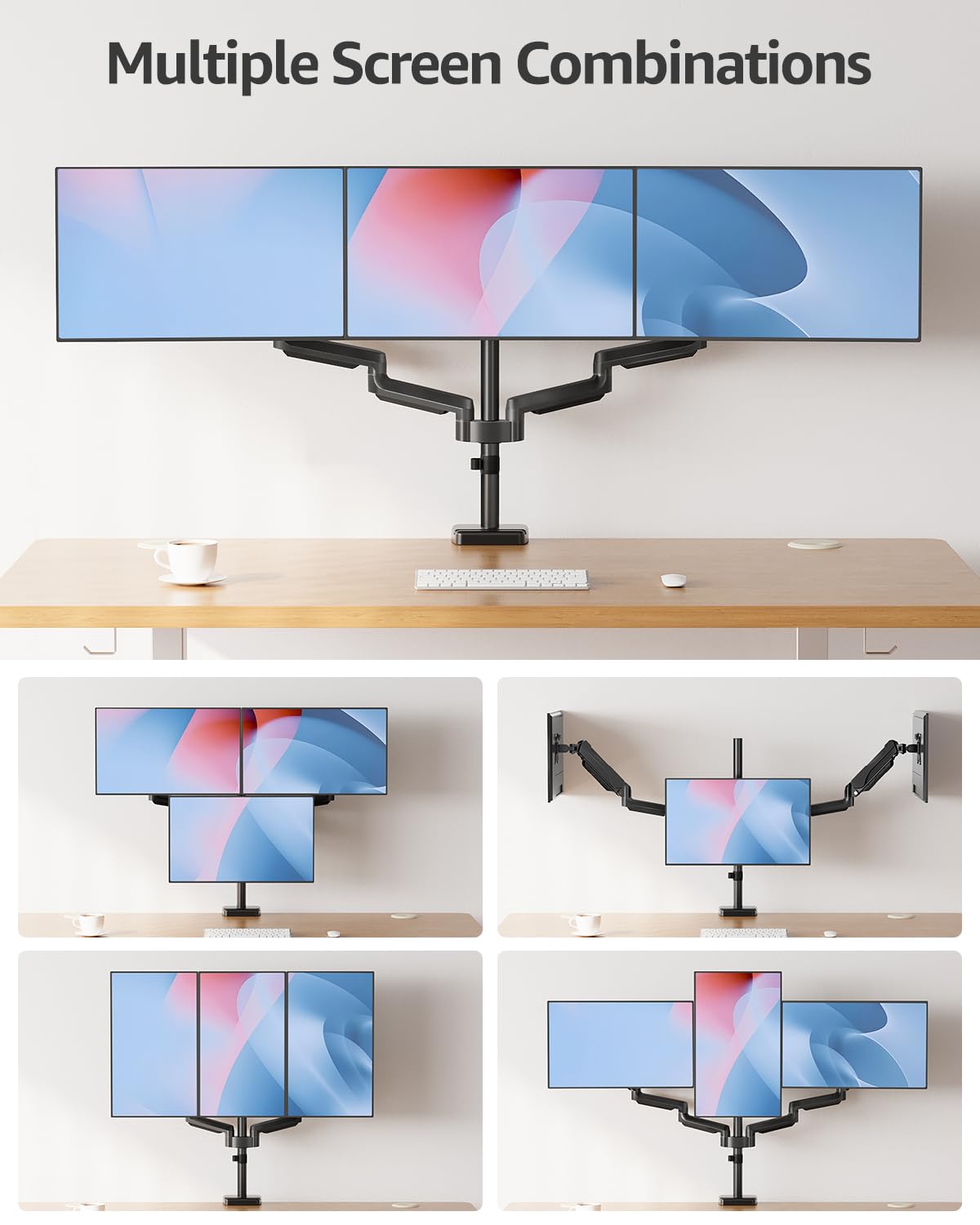 Triple Monitor Stand Mount - 3 Monitors Desk Mount for Computer Screens Up to 27 inch, Triple Monitor Arm, Heavy Duty Monitors Stand, Each Arm Holds 4.4-19.8 lbs, Black