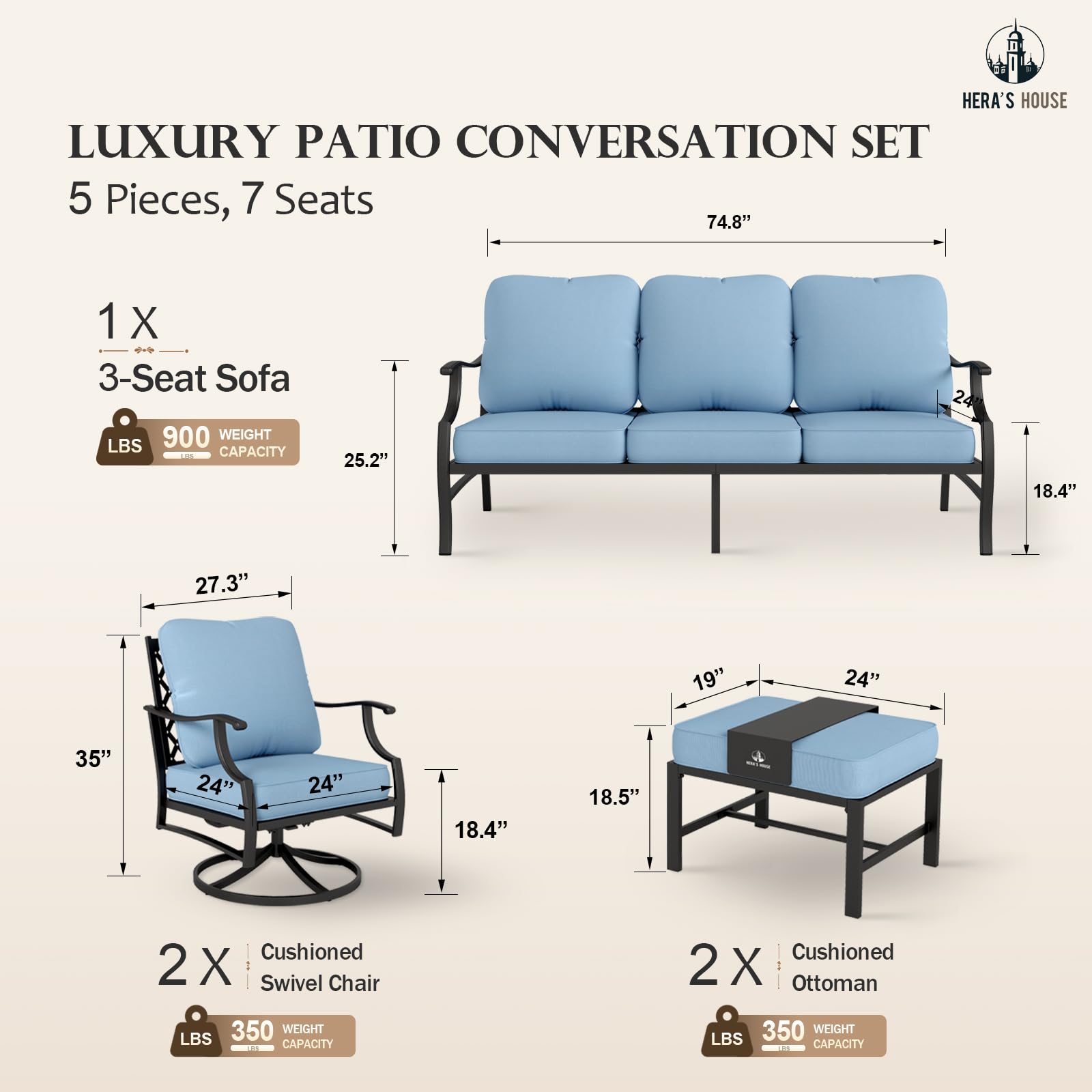 5 Piece Patio Furniture Set, 2 x Swivel Chair, 2 x Ottoman, 1 x 3-Seat Sofa, All Cushioned 7 Seats Outdoor Conversation Set for Lawn Garden Backyard, Blue