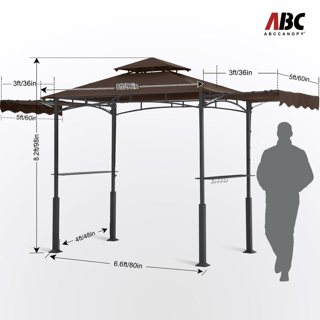 Grill Gazebo with 2 Side Awnings - 14x5 Outdoor BBQ Canopy Shelter with 2 Led Lights for Patio Backyard Grilling (Brown)