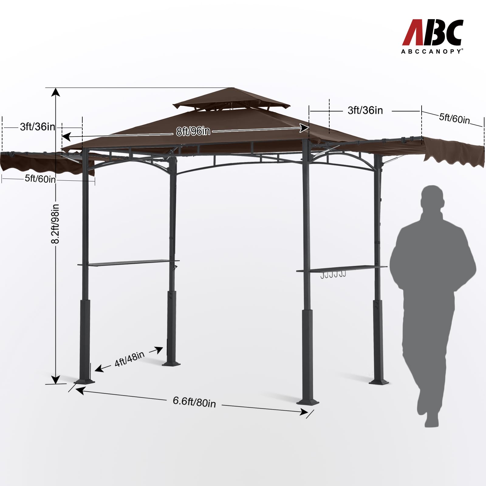 Grill Gazebo with 2 Side Awnings - 14x5 Outdoor BBQ Canopy Shelter with 2 Led Lights for Patio Backyard Grilling (Brown)
