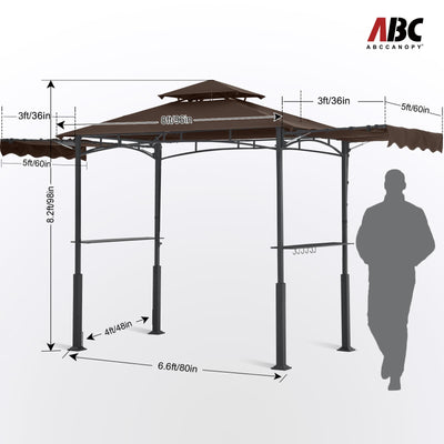 Grill Gazebo with 2 Side Awnings - 14x5 Outdoor BBQ Canopy Shelter with 2 Led Lights for Patio Backyard Grilling (Brown)