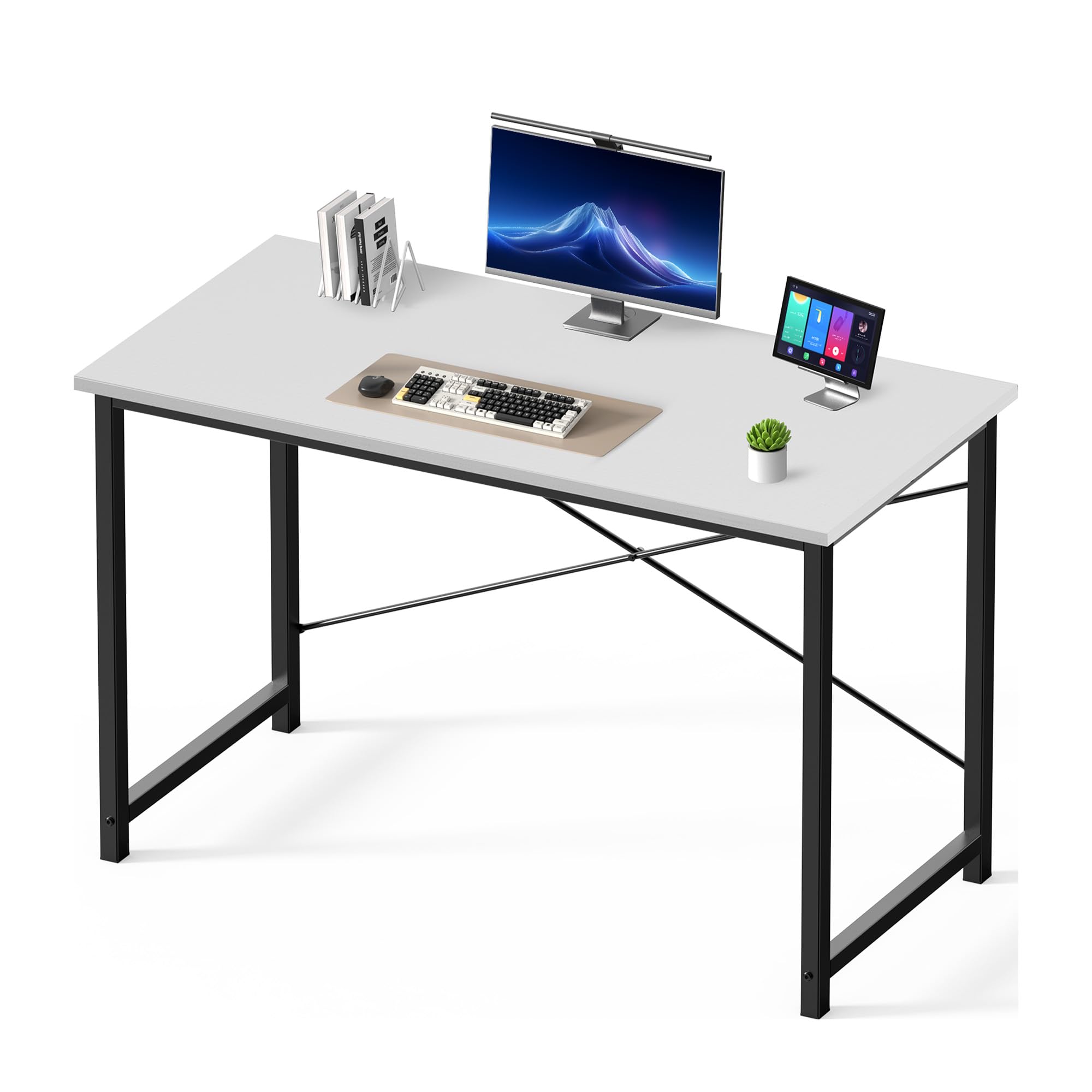 47 Inch Computer Desk for Home Office, Modern Study Work Table Simple Modern Style for Bedroom Small Space, Writing Desks with X-Shaped Reinforcement, Wood White