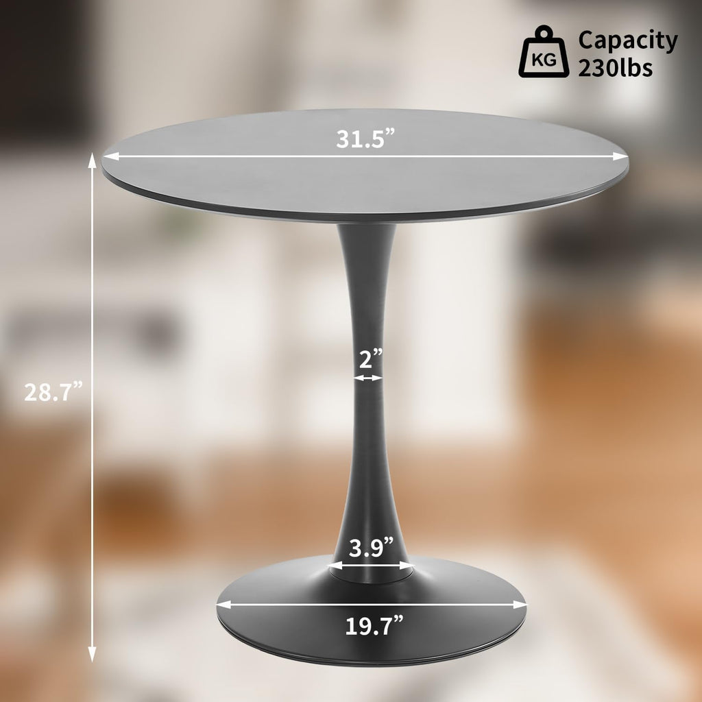 Black Round Dining Table, 31.5" Circle Tulip Table Kitchen Round Dining Table for 2-4 People with Thickened Top and Metal Pedestal, Mid-Century Leisure Table for Home, Dining Room, Cafe