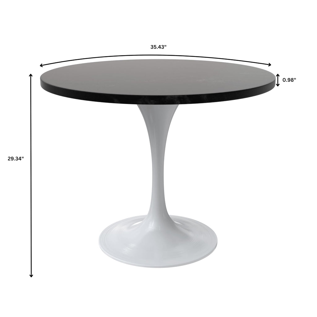 Mid-Century Modern 36 Inch Round Dining Table, MDF Wood Tabletop with White Steel Pedestal Base, Contemporary Kitchen & Dining Room Table, for Small Spaces (Black)