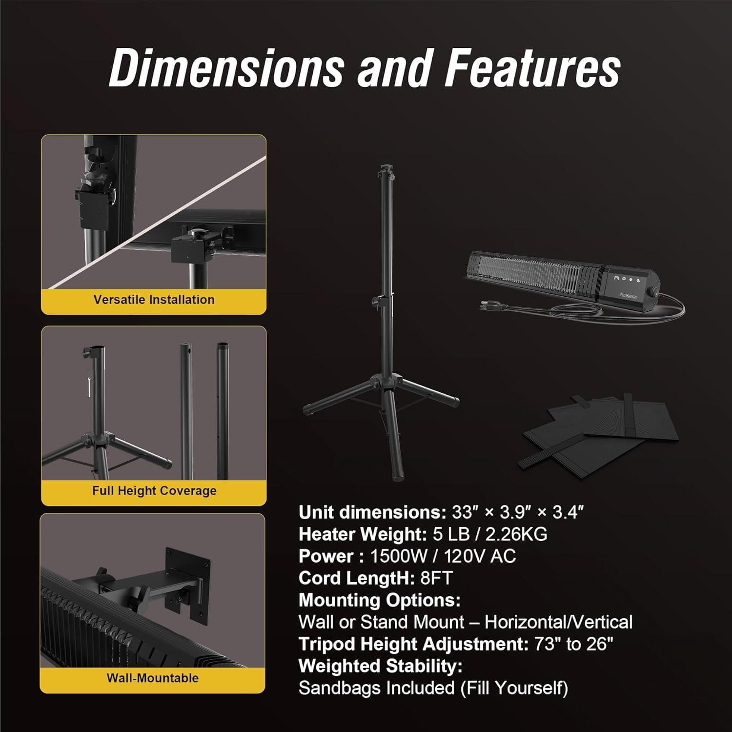 Outdoor Heaters for Patio Electric with Tripod Stand, 1500W Infrared Electric Patio Heater, IP65 Rated, 4 Heat Levels & 24H Timer with Remote, For Covered Outdoor/Indoor & Spot Heating