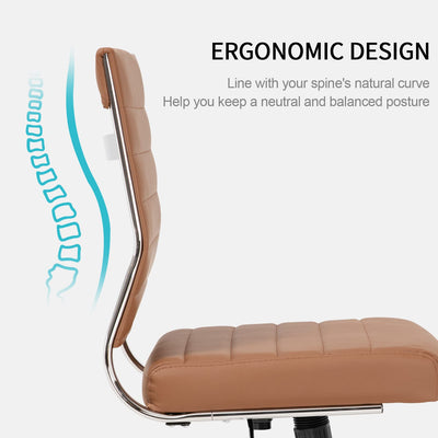 Brown Armless Office Desk Chair, Mid Back Ergonomic Swivel Conference Room Chairs, Adjustable Height PU Leather Home Desk Chair, Modern Small Rolling Computer Task Chair