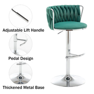 Velvet Bar Stools Set of 3, Swivel Counter Height Bar Stools with Back, Adjustable Woven Barstools for Kitchen Island, Pub, Club (Green)
