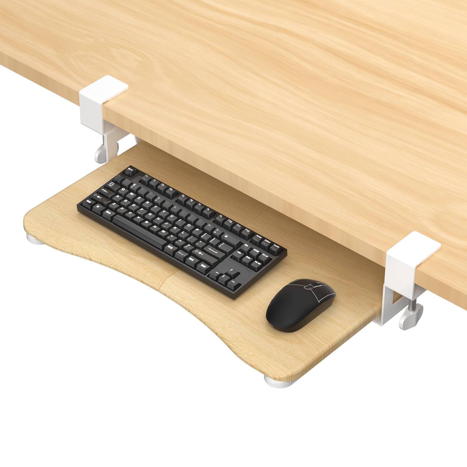 Small Keyboard Tray Under Desk Pull Out with C Clamp Mount for Computer Keyboard, 20 (24.2 Including Clamps) x 11.8 inch Slide-Out Platform Computer Drawer for Typing, Light Wood, DSF1SQM