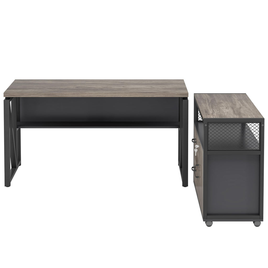 Office Desk with Drawers Sets, 55 inches L Shaped Computer Desk with Mobile File Cabinet,Big Executive Desk for Home Office Furniture Sets (Dark Oak, 55-inch)