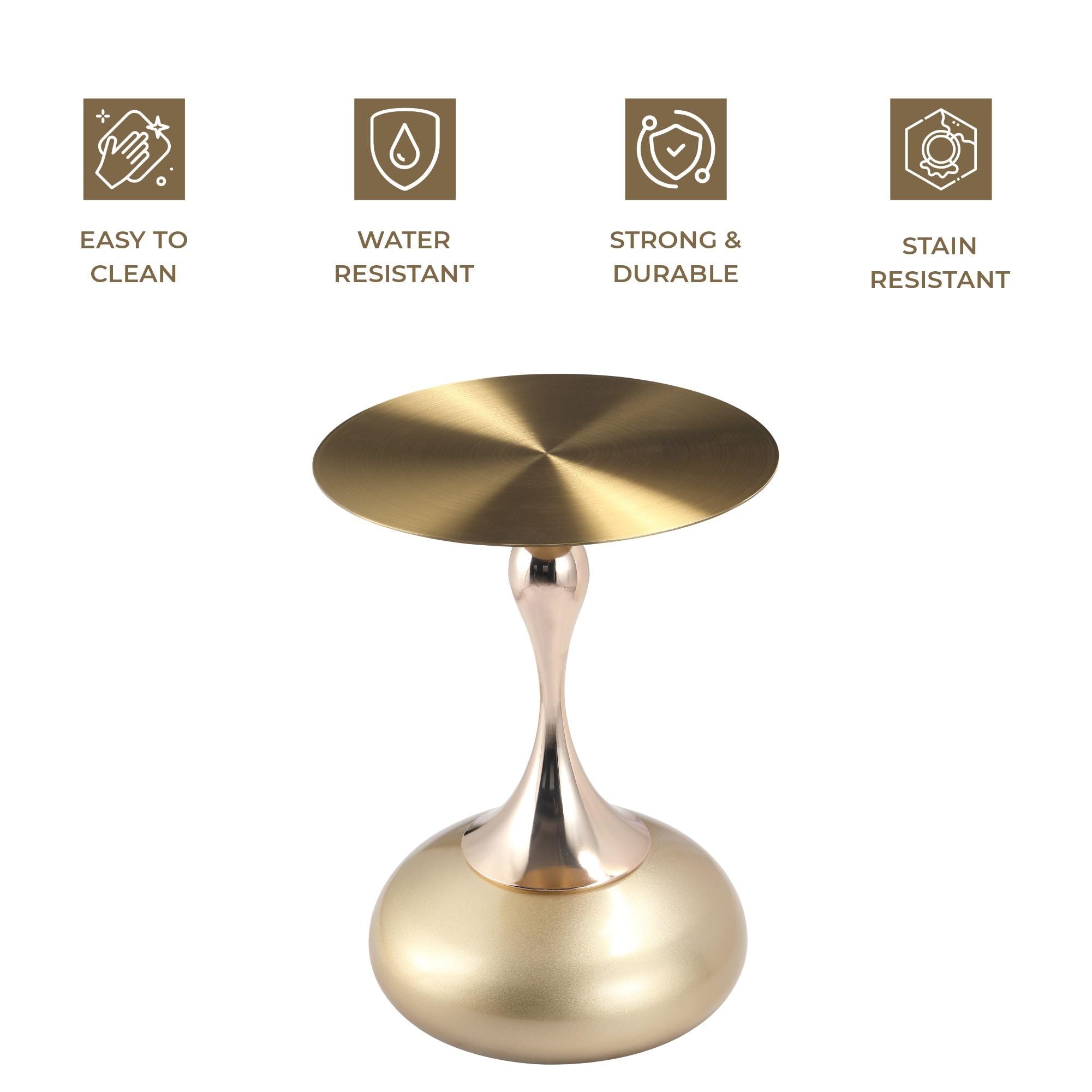 Modern Round Side Table with Gold Stainless Steel Top, Gold Pedestal Stem & Glossy Base, Accent End Table for Living Room, Bedroom, or Small Spaces, 17.7" × 21.6", Matte Gold