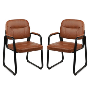 2 Pack, Waiting Room Guest Chair with Bonded Leather Padded Arm Rest for Office Reception and Conference Desk Black with Sled Base Brown