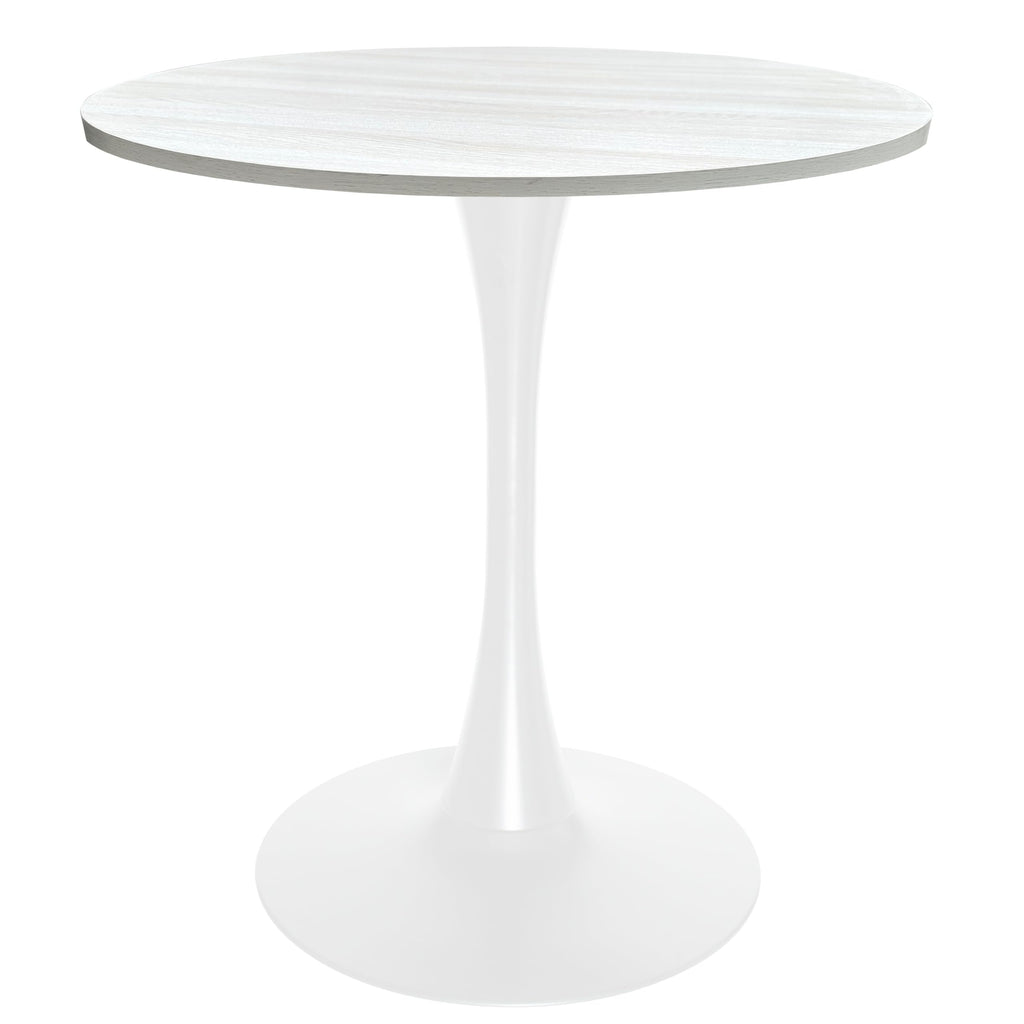 27" Wide Round Dining Table, Modern MDF Wood Top & White Metal Pedestal Base Gloss Finish Accent Table Mid-Century Café Table, Kitchen Dining Room Furniture, Light Natural