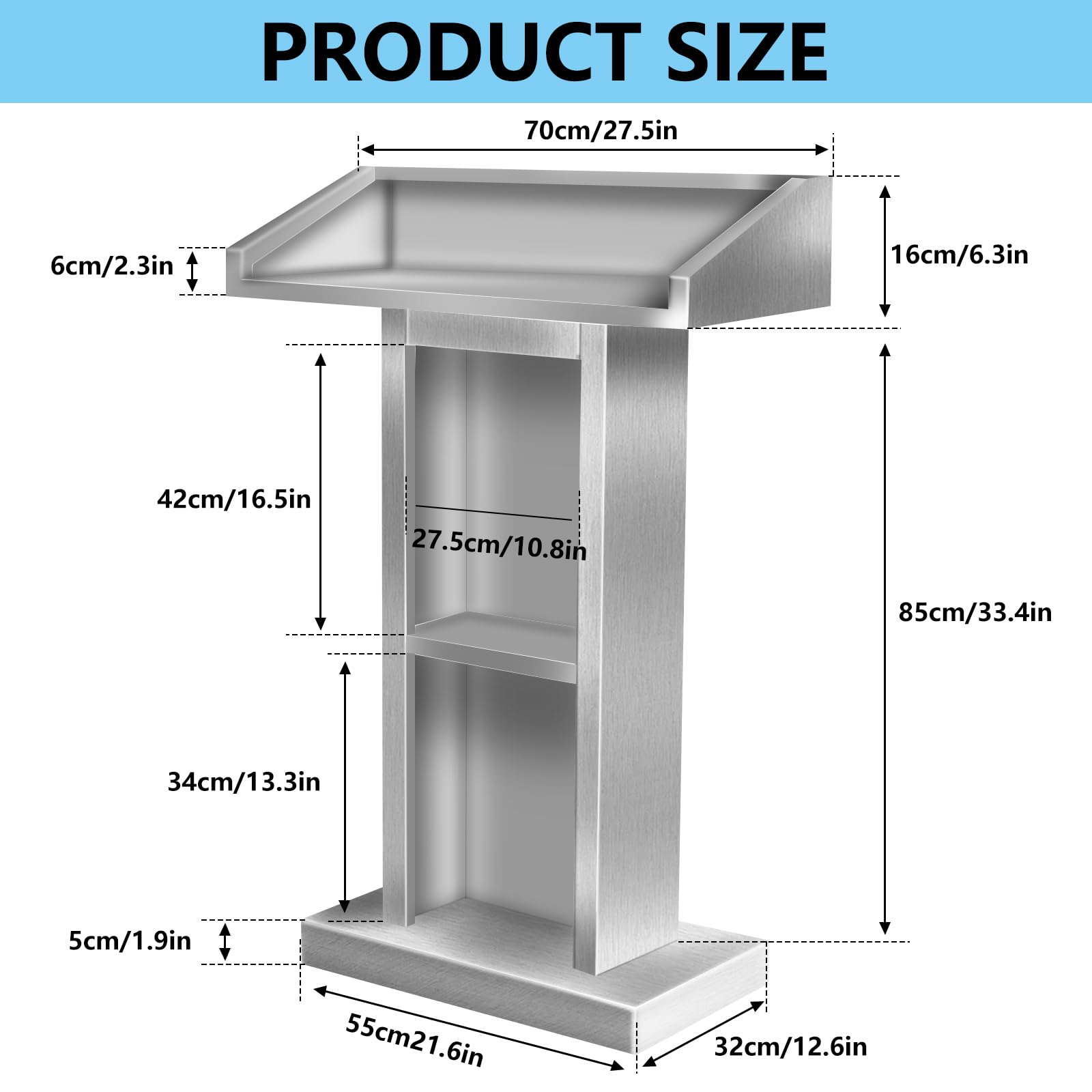 Stainless Steel Podium Stand for Lectern Presentation Church Classroom, Pulpit with Heavy Base Lecture Teacher Conference Wedding Speech