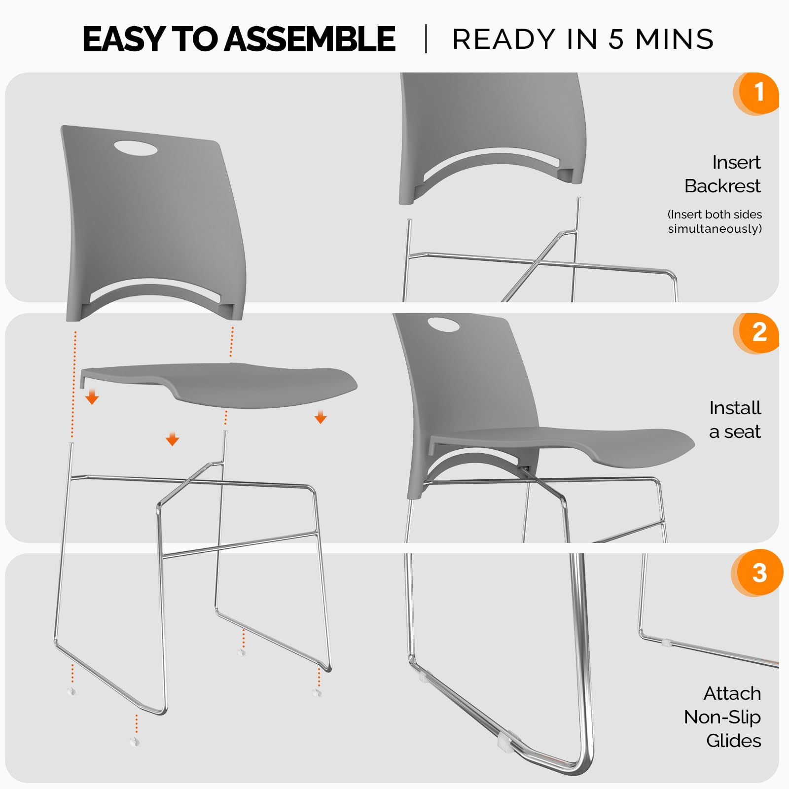 Stacking Chairs Set of 4 Stackable Office Chairs with Metal Sled Base, Ergonomic Plastic Seat, Stacking Chairs for Waiting Room Break Room Banquet Guest, Grey