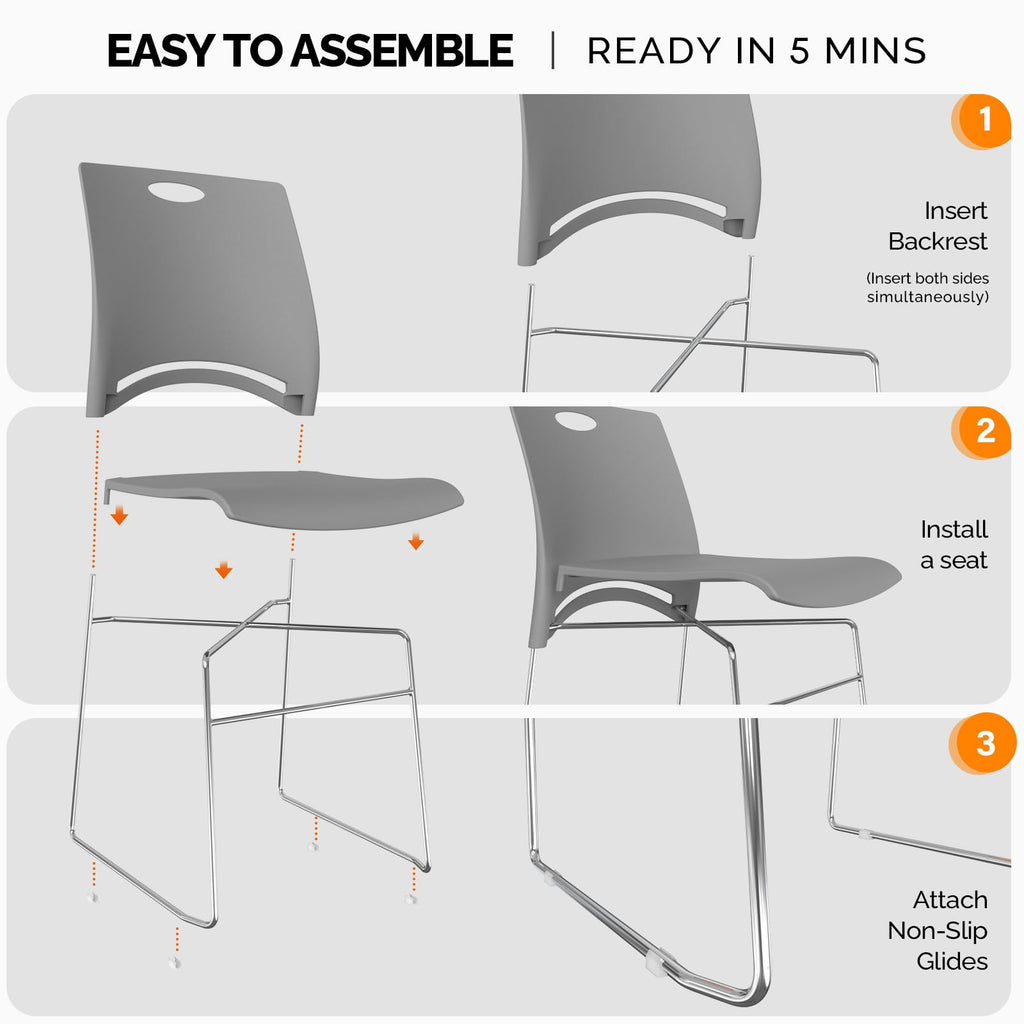 Stacking Chairs Set of 12 Stackable Office Chairs with Metal Sled Base, Ergonomic Plastic Seat, Stacking Chairs for Waiting Room Break Room Banquet Guest, Grey