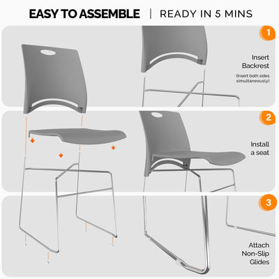 Stacking Chairs Set of 4 Stackable Office Chairs with Metal Sled Base, Ergonomic Plastic Seat, Stacking Chairs for Waiting Room Break Room Banquet Guest, Grey