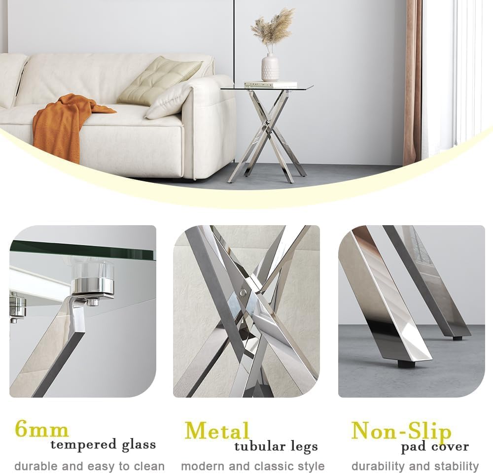 Small Side Coffee Table with Chromed Legs, Tempered Glass Square Modern End Table for Living Room Sofa Home Office (1, Silver, 20