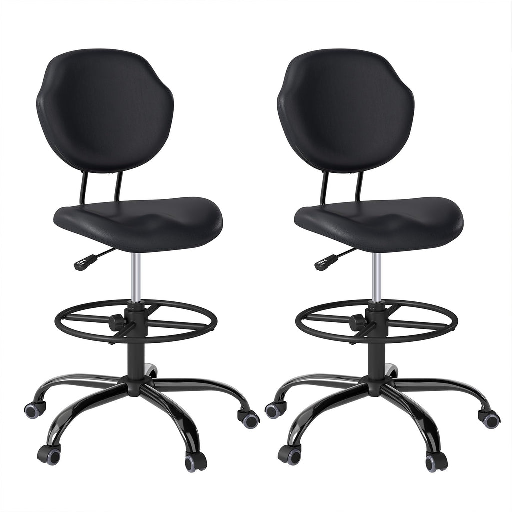 (Black, 2 Pack) Drafting Chair with Back Support, Tall/High Desk Rolling Stool, Faux Leather Office Chair with Height Adjustable for Standing Desk, Home Office, Bar, Workbench & Kitchen