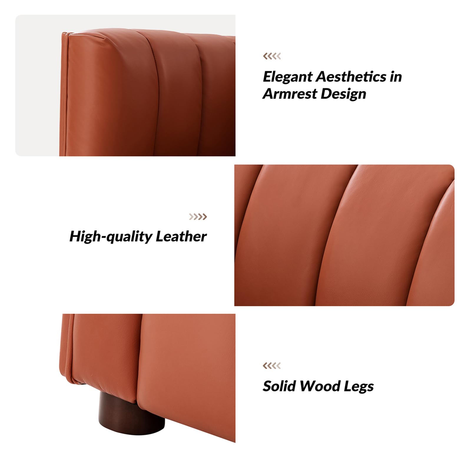 83" Genuine Leather Sofa with Channel Tufted Design, 3-Seater Sofa for Living Room Bedroom, Modern Oversized Couch with Wood Legs, Brick