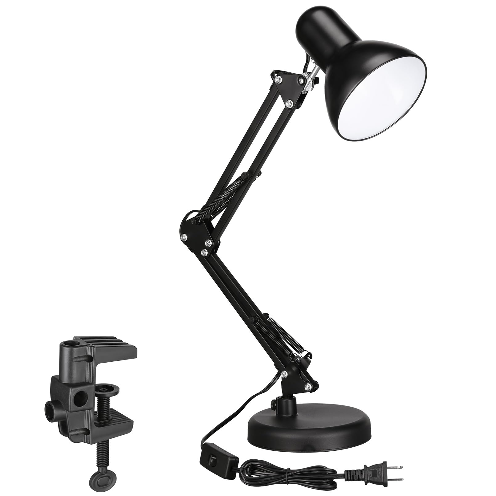 Metal Desk Lamp with Clamp, Swing Arm, Architect Adjustable Gooseneck Table Lamp, Clip Desk Lights for Home Office, Work, Study, Reading, E26 Base, Multi-Joint, Black