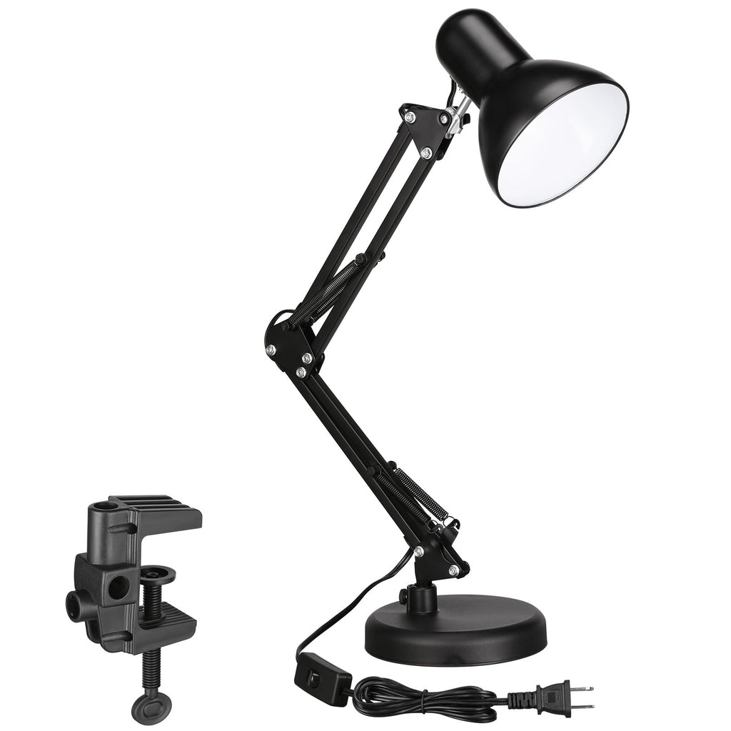 Metal Desk Lamp with Clamp, Swing Arm, Architect Adjustable Gooseneck Table Lamp, Clip Desk Lights for Home Office, Work, Study, Reading, E26 Base, Multi-Joint, Black
