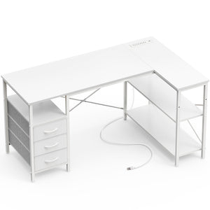 L Shaped Office Desk with Power Outlets, 47 Inch Computer Desk with 3 Drawers, Shelves, for Gaming, Corner Work, Home Office, Study, White