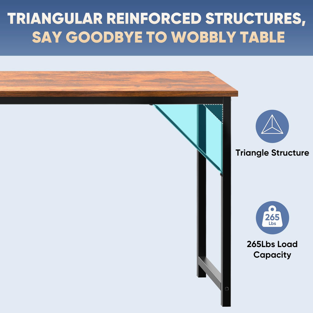 63 Inch Computer Office Desk Writing Gaming Study Work Large Desks for Bedroom Home Office with Metal Frame Simple Modern PC Table Workstation, Wood Brown