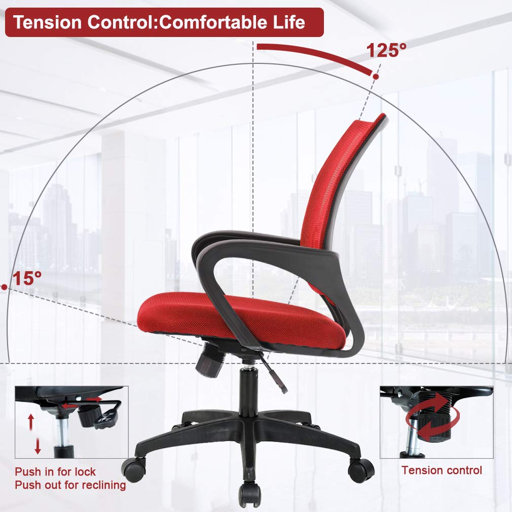 Ergonomic Office Chair | Mid-Back Swivel Desk Chair | Breathable Backrest & Lumbar Support | Adjustable Height | Sponge Seat | Rolling Wheels | Red | for Adults & Women