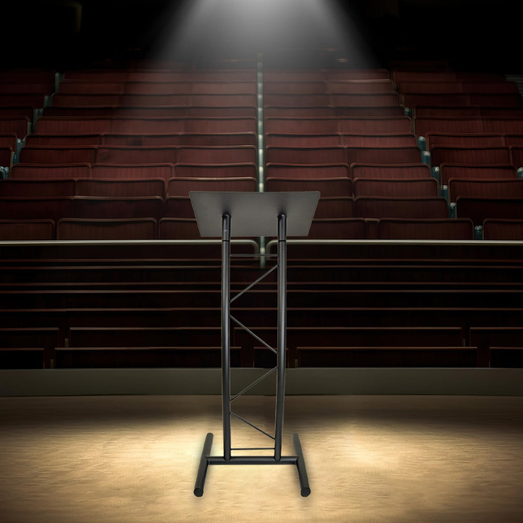 All Metal-Constructed Curved Lectern with “H” Style Base, Stand up Church Pulpit, Slanted Lectern, Conference Podium for Speakers, Speeches, Other Occasions, Powder Coat Finish Black