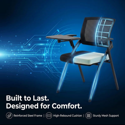 50 Pcs, Folding Training Chairs with Desk Attached, Mobile Office Meeting Chair with Writing Tablet and Cup Holder, Space-Saving Nesting Conference Chair for Classroom, Seminar