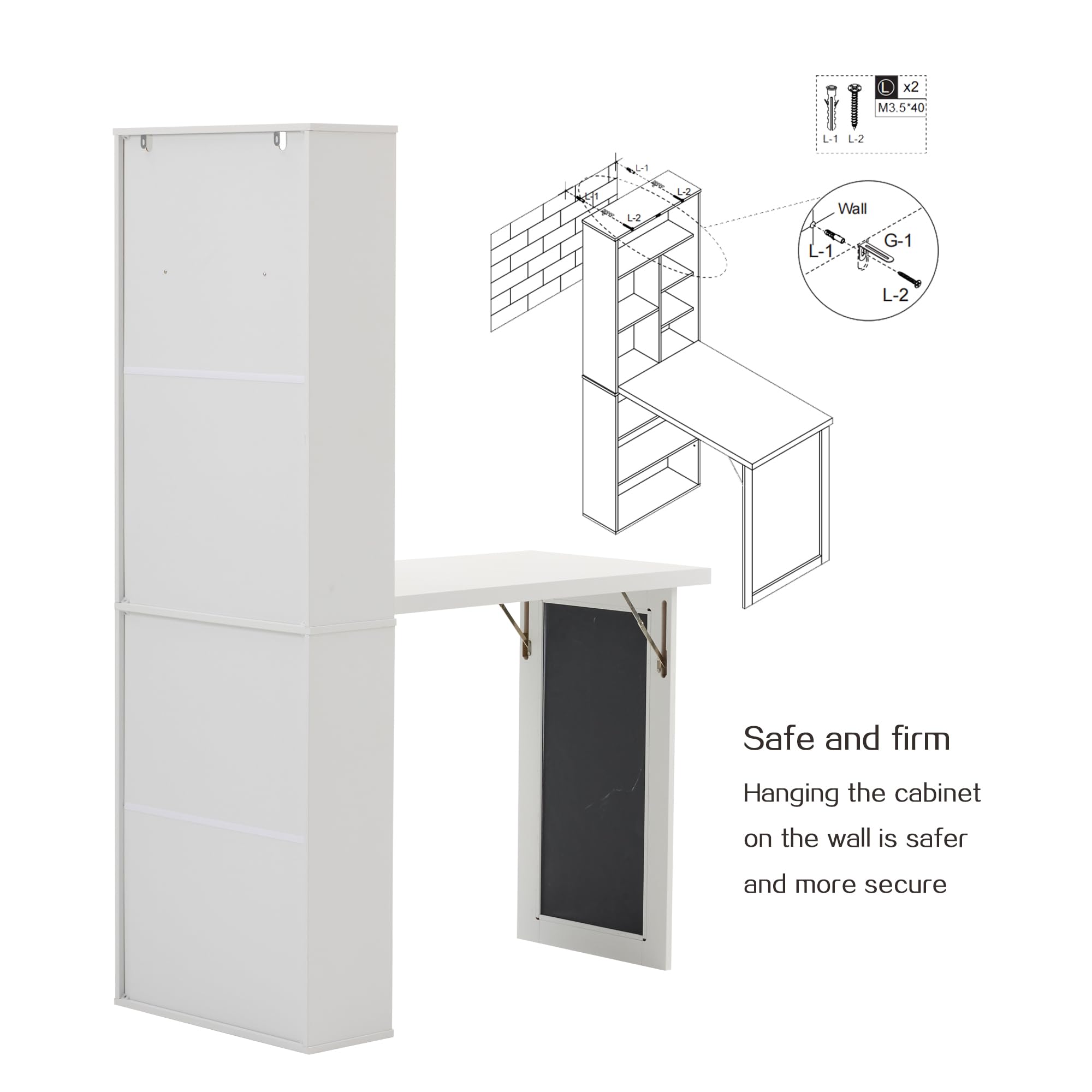 Folding Desk with Storage,Foldable Convertible Writing table with Blackboard and Shelves,Wall Mount Fold Out Table Cabinet , Space-Saving Murphy Desk Multi-Function Home Office Workstation (White)