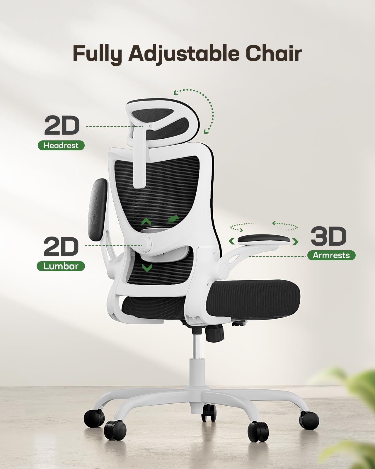 Ergonomic Office Chair: Office Desk Chair with High Back Mesh and Adjustable Lumbar Support Rolling Work Swivel Task Chairs with Wheel 3D Armrests and Headrest