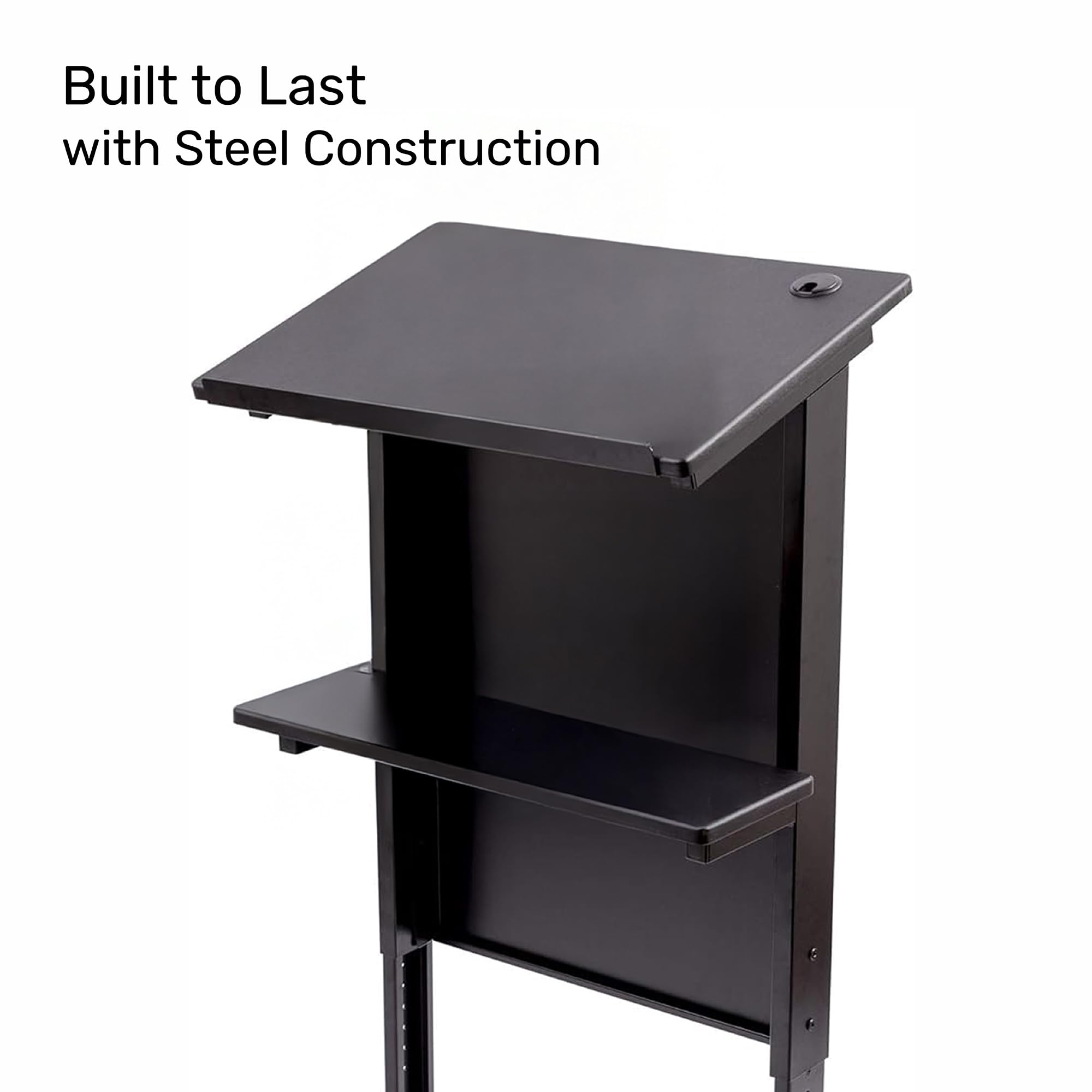 Stand Up Adjustable Height Lectern Podium | Rolling Desk with Storage Shelf | Ergonomic Standing Desk Frame for Office, Classroom, Laptop, Teaching, Presentations & More (Black)