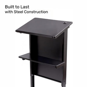 Stand Up Adjustable Height Lectern Podium | Rolling Desk with Storage Shelf | Ergonomic Standing Desk Frame for Office, Classroom, Laptop, Teaching, Presentations & More (Black)