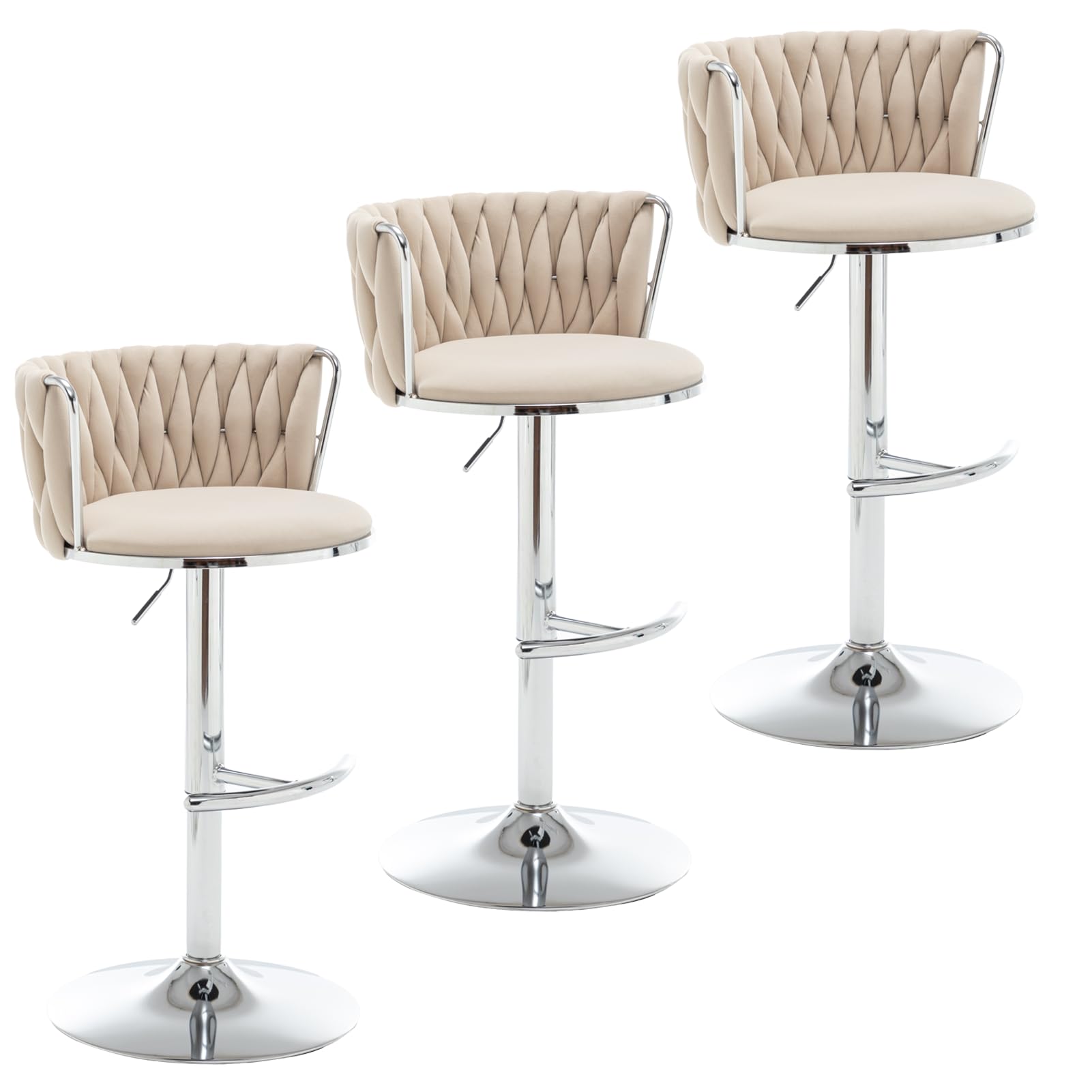 Velvet Bar Stools Set of 3, Swivel Counter Height Bar Stools with Back, Adjustable Woven Barstools for Kitchen Island, Pub, Club (Beige)