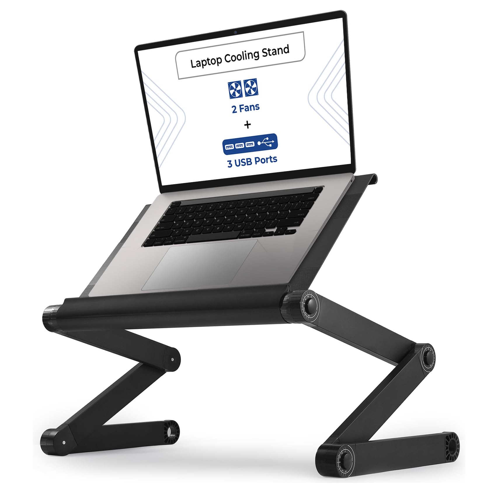 Executive Laptop Cooling Stand, Adjustable Desk for Bed, Foldable with 2 Fans & 3 USB Ports, Computer Lap Desk, PC Holder for Bed, Ergonomic Table Stand, Home Office Supplies, Black