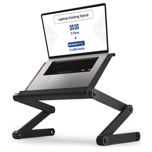Executive Laptop Cooling Stand, Adjustable Desk for Bed, Foldable with 2 Fans & 3 USB Ports, Computer Lap Desk, PC Holder for Bed, Ergonomic Table Stand, Home Office Supplies, Black