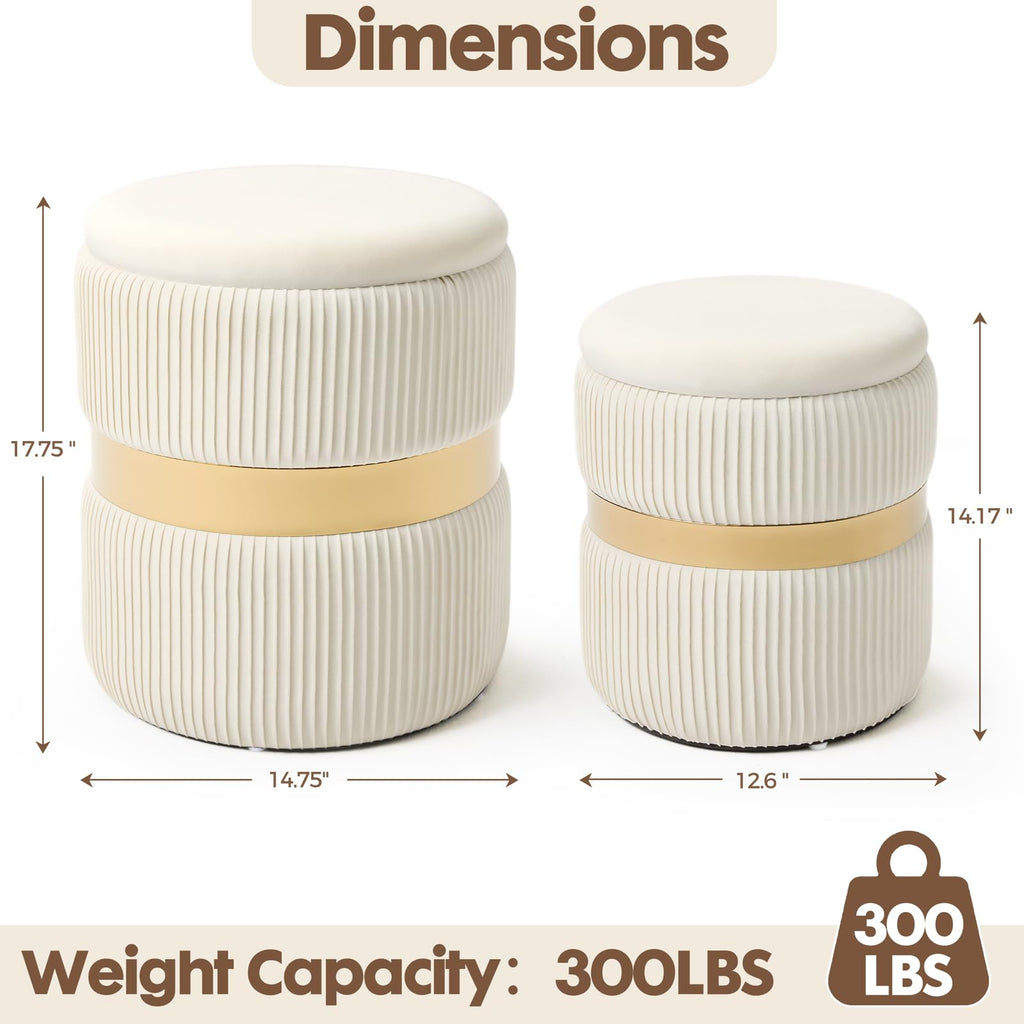 Velvet Round Ottoman with Storage Set of 2 for Livingroom Small Foot Stool Ottoman for Living Room Small Coffee Table Vanity Stool with Storage for Bedroom White