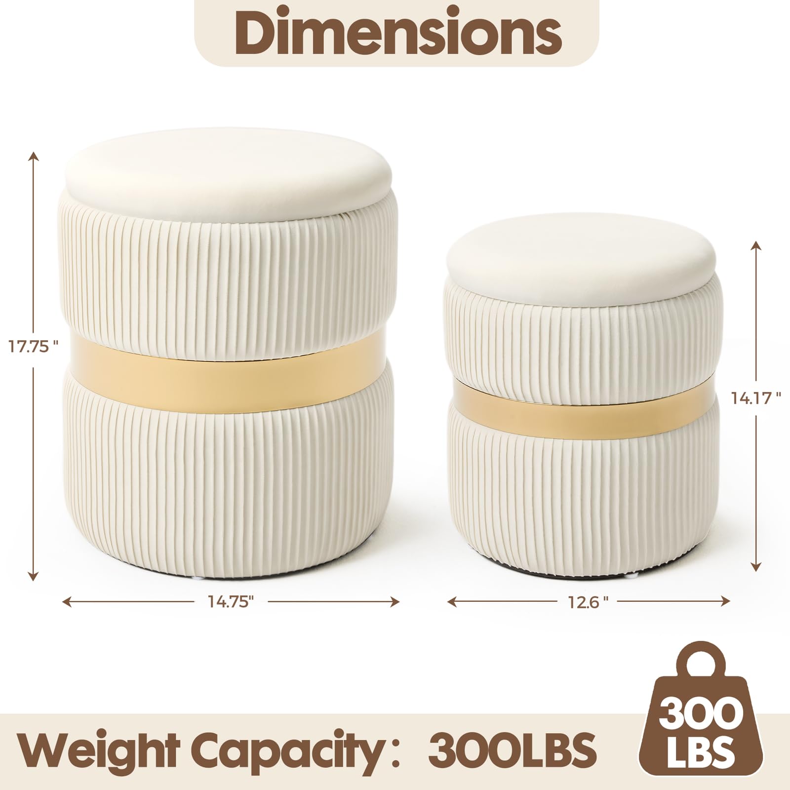 Velvet Round Ottoman with Storage Set of 2 for Livingroom Small Foot Stool Ottoman for Living Room Small Coffee Table Vanity Stool with Storage for Bedroom White