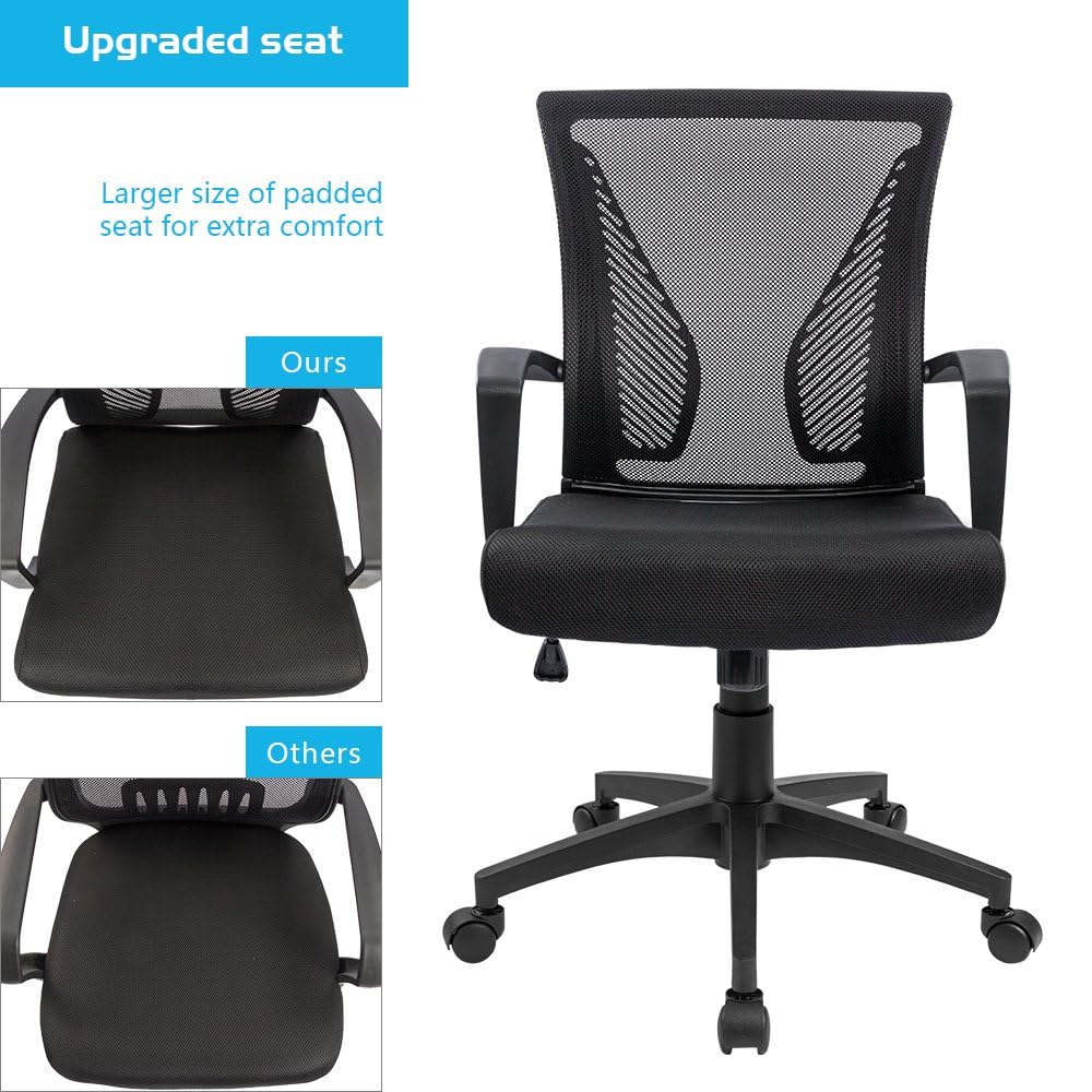 Office Chair Ergonomic Computer Desk Mesh Chair Mid Back Swivel Lumbar Support with Armrest (2, Black)