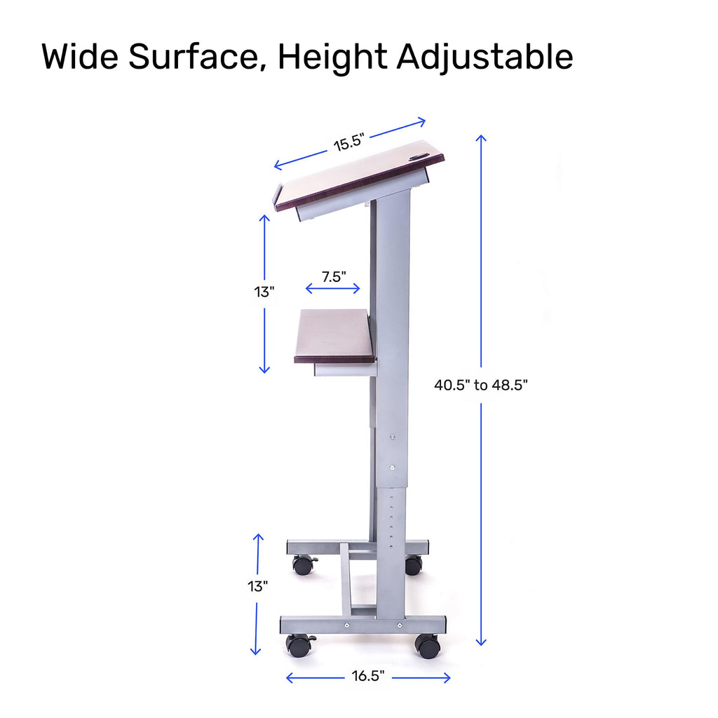Stand Up Adjustable Height Lectern Podium | Rolling Desk with Storage Shelf | Ergonomic Standing Desk Frame for Office, Classroom, Laptop, Teaching, Presentations & More (Dark Walnut)