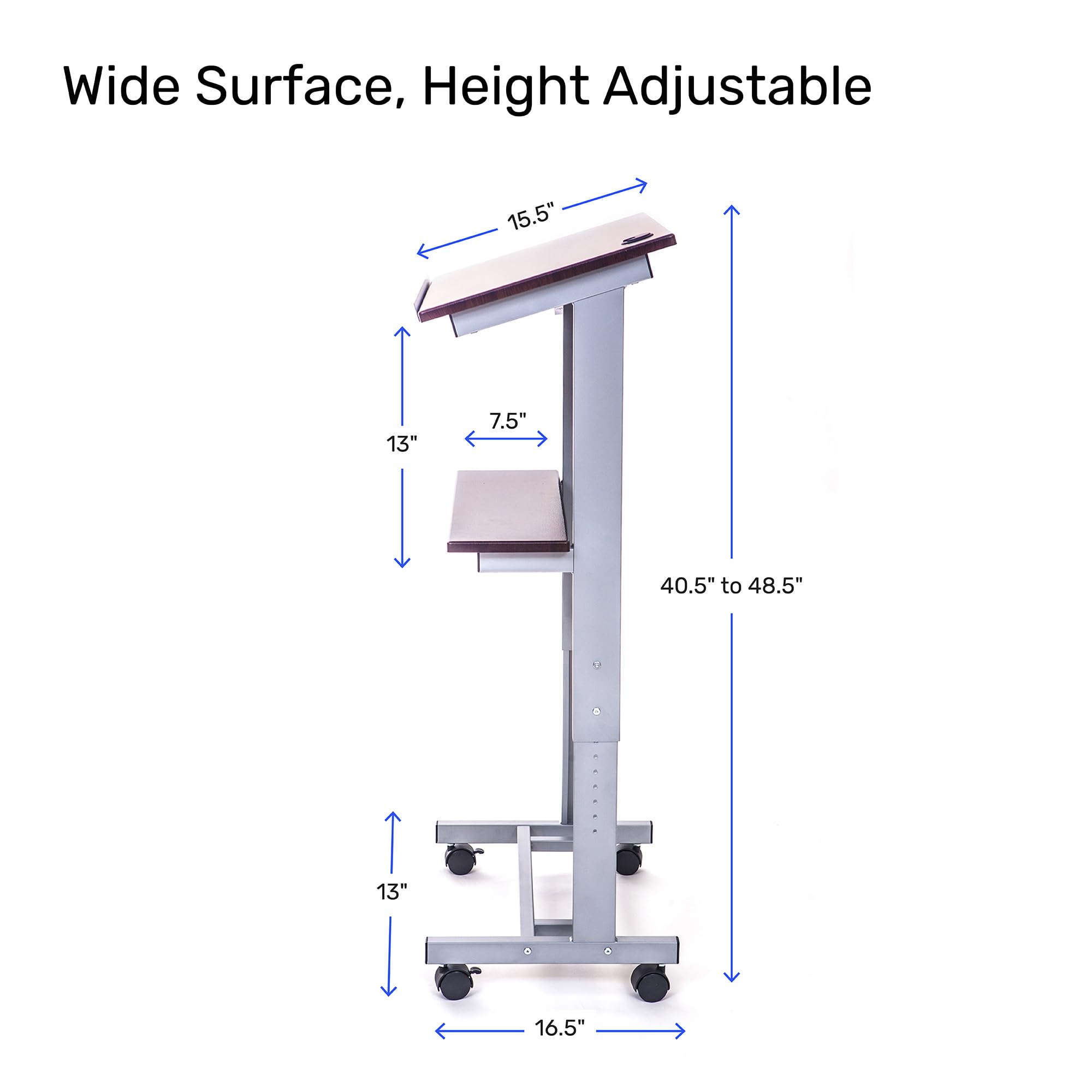 Stand Up Adjustable Height Lectern Podium | Rolling Desk with Storage Shelf | Ergonomic Standing Desk Frame for Office, Classroom, Laptop, Teaching, Presentations & More (Dark Walnut)