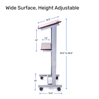 Stand Up Adjustable Height Lectern Podium | Rolling Desk with Storage Shelf | Ergonomic Standing Desk Frame for Office, Classroom, Laptop, Teaching, Presentations & More (Dark Walnut)