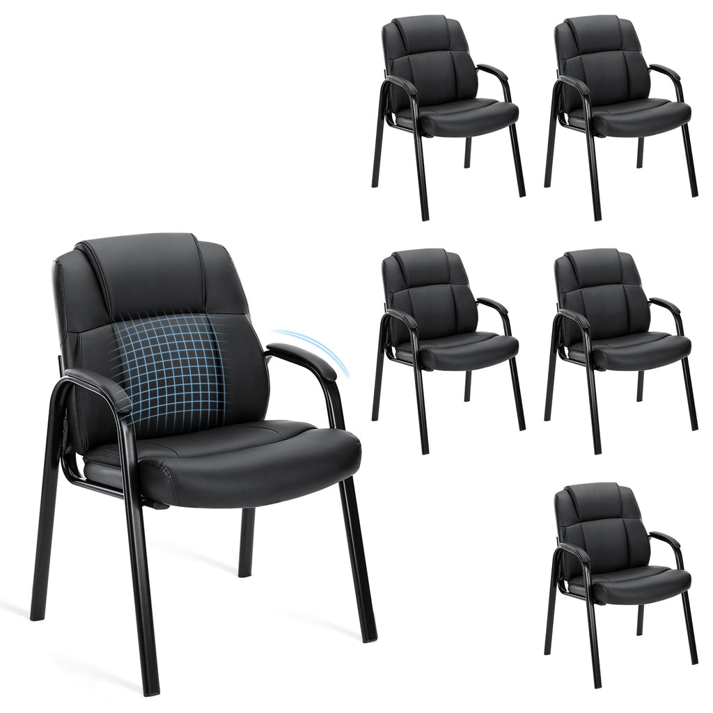 Waiting Room Chair Set of 6, Leather Office Desk Reception Guest Stationary Side Chairs with Padded Arms for Home Conference Lobby Area Meeting Church Medical Clinic Elderly Student